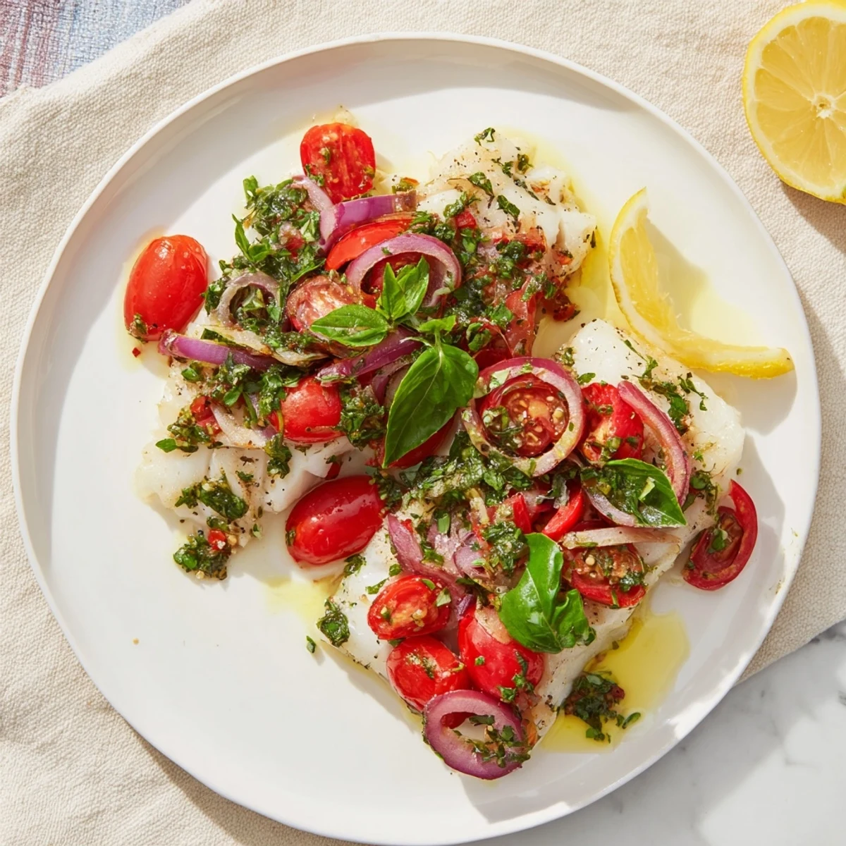 Sizzling Baked Cod with Cherry Tomatoes, glistening with olive oil, boasts a vibrant medley of Mediterranean flavors.