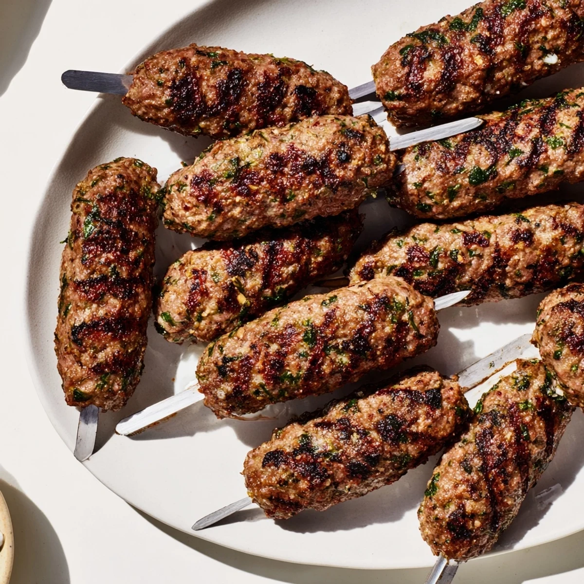 Juicy grilled beef kofta kebabs, glistening with spices, ready to be enjoyed with creamy yogurt sauce.