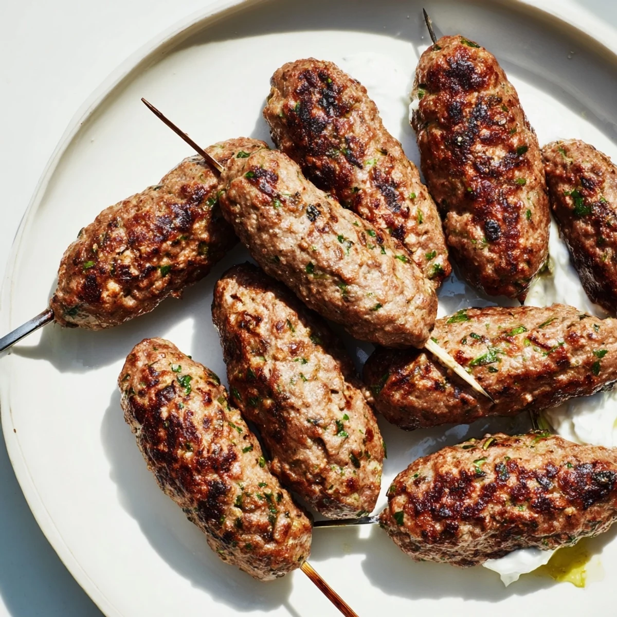 Savory grilled beef kofta kebabs served alongside fresh herbs and cool yogurt, ideal for summer gatherings.