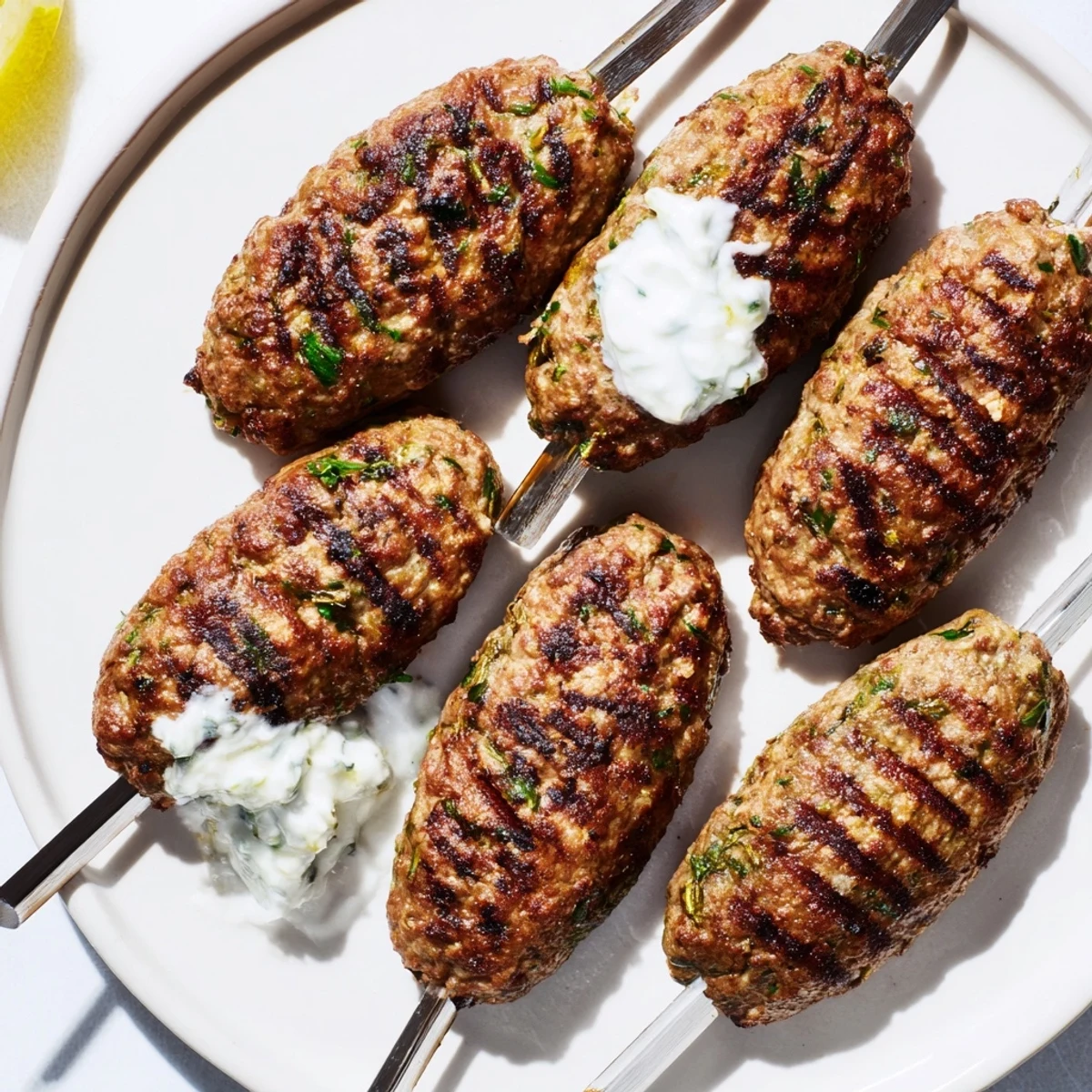 Fragrant beef kofta kebabs with a vibrant yogurt sauce, perfect for a flavorful Middle Eastern dinner.