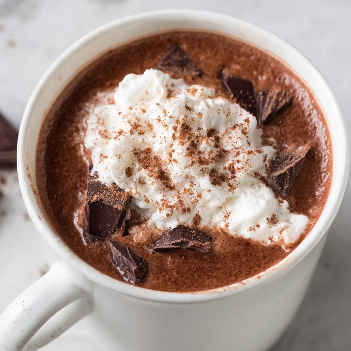 Steaming mug of Spiced Hot Chocolate, rich and dark, topped with clouds of homemade whipped cream.