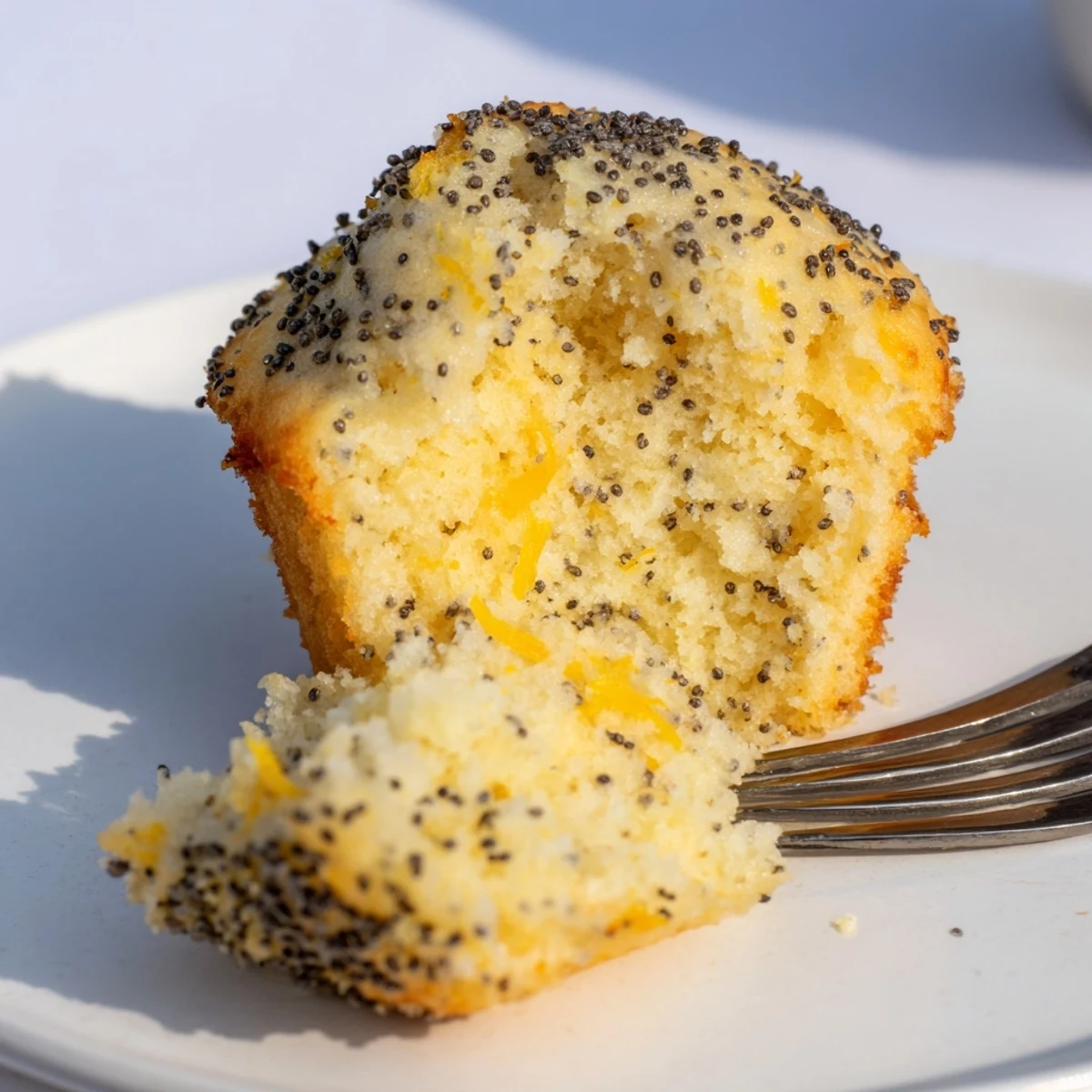 Fluffy lemon poppy seed muffins, with visible poppy seeds, ideal for morning enjoyment with coffee.