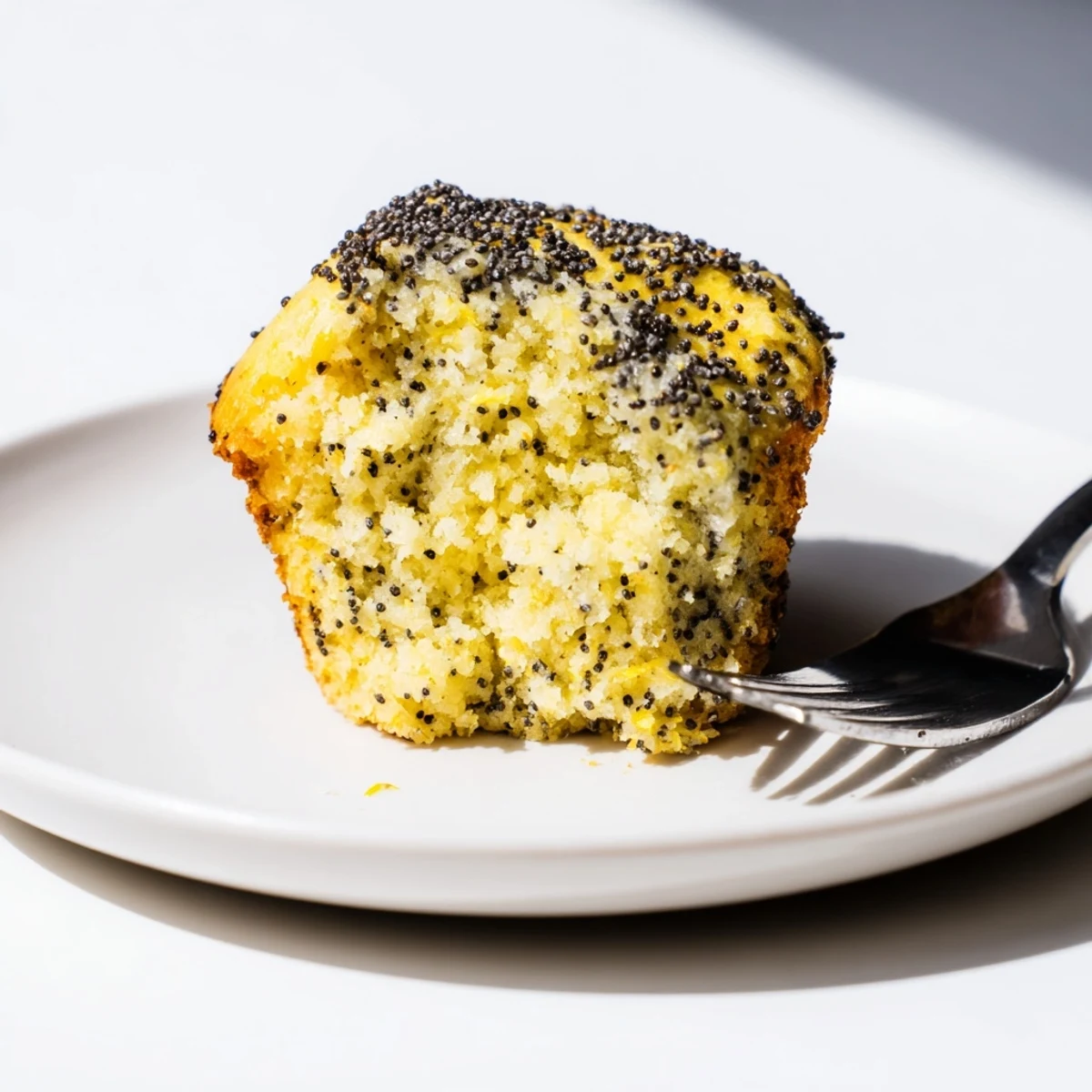 Close-up of moist lemon poppy seed muffins, speckled with black seeds, perfect alongside tea.