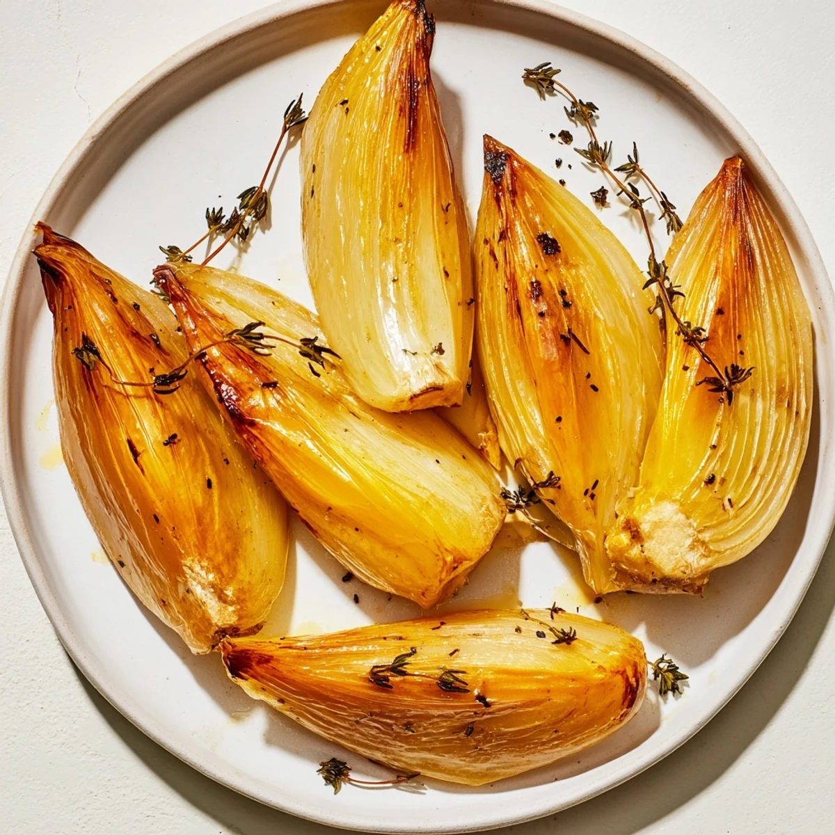 Caramelized roasted onion, glistening with oil and thyme, an easy and delicious side dish.