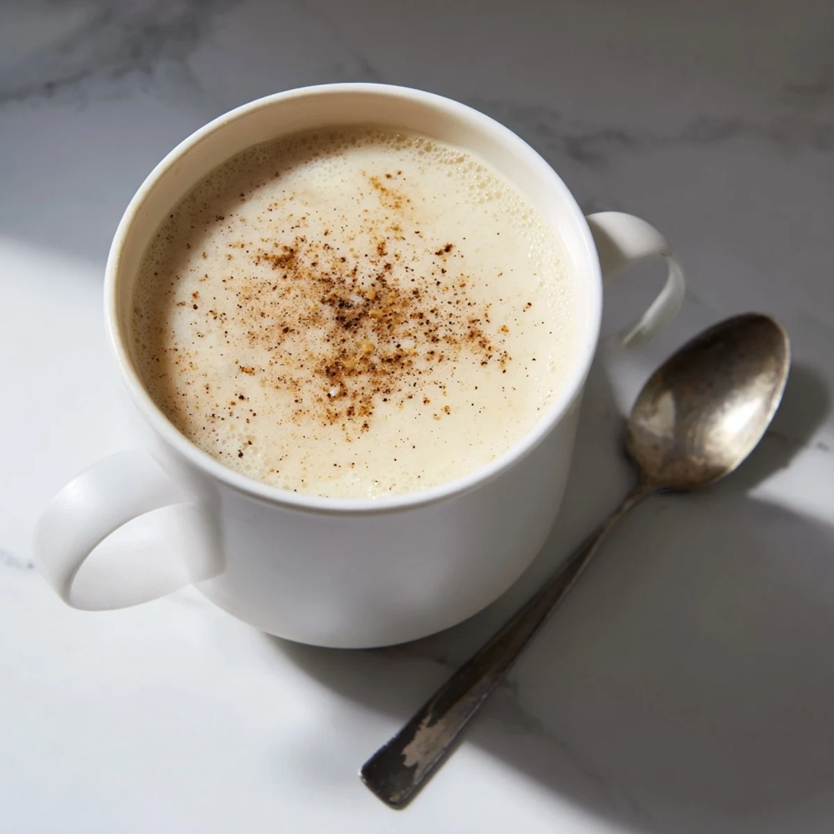 Steaming Creamy Milk in a white mug, lightly dusted with cinnamon, warm and inviting.