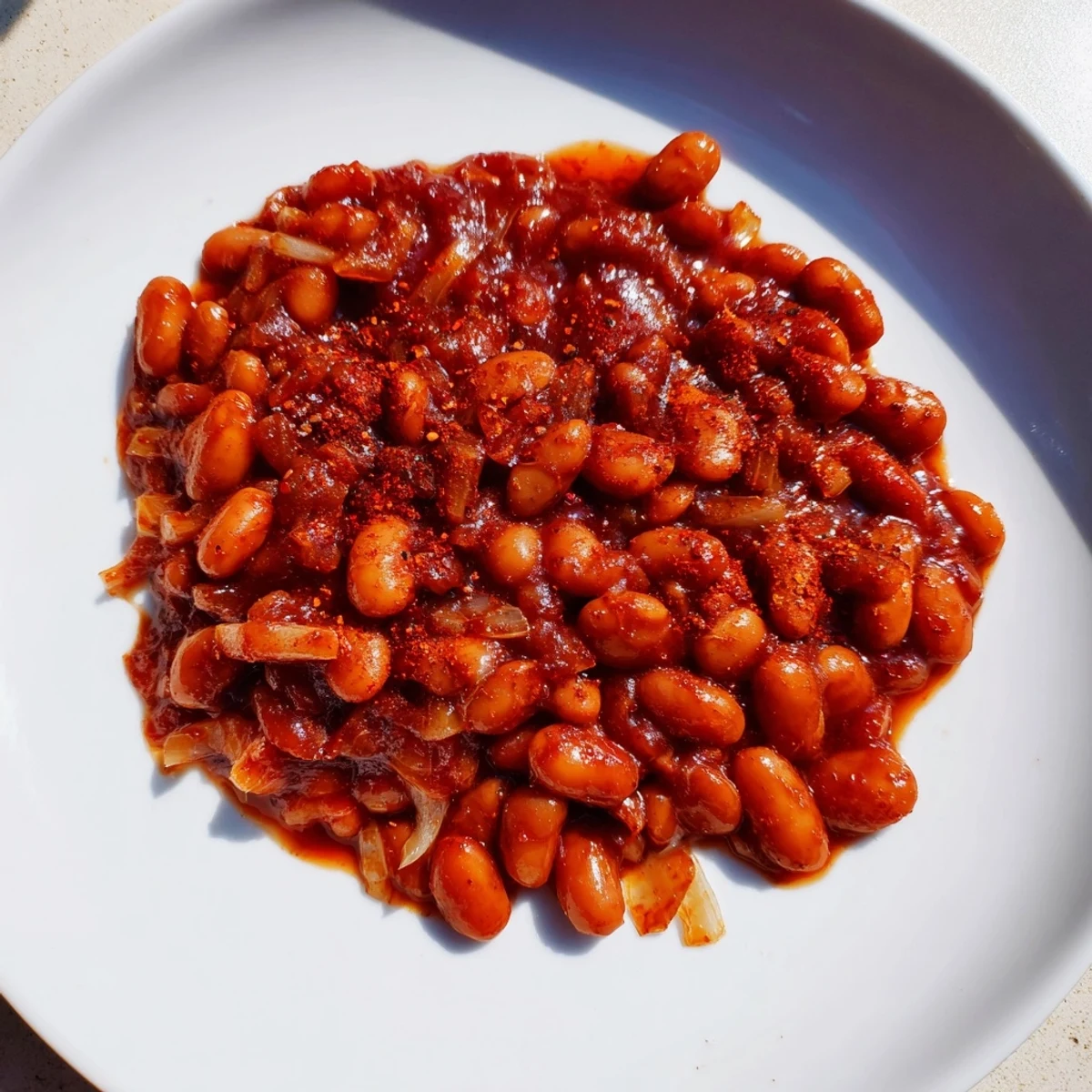 Steaming hot baked beans bubbling in a cast iron skillet, ready to serve for a hearty side.