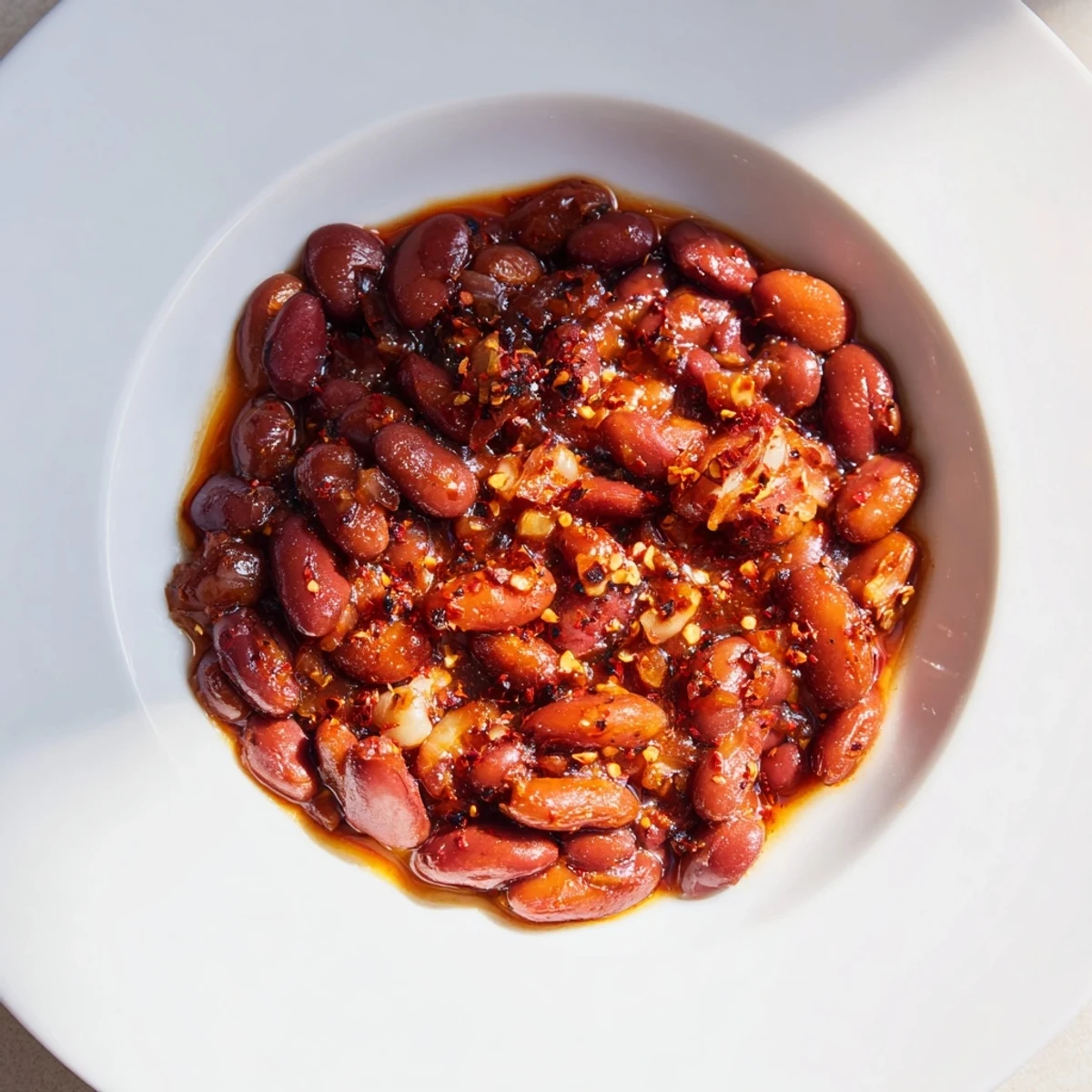 A close-up of generously plated baked beans, savory tomato sauce coating each tender bean.