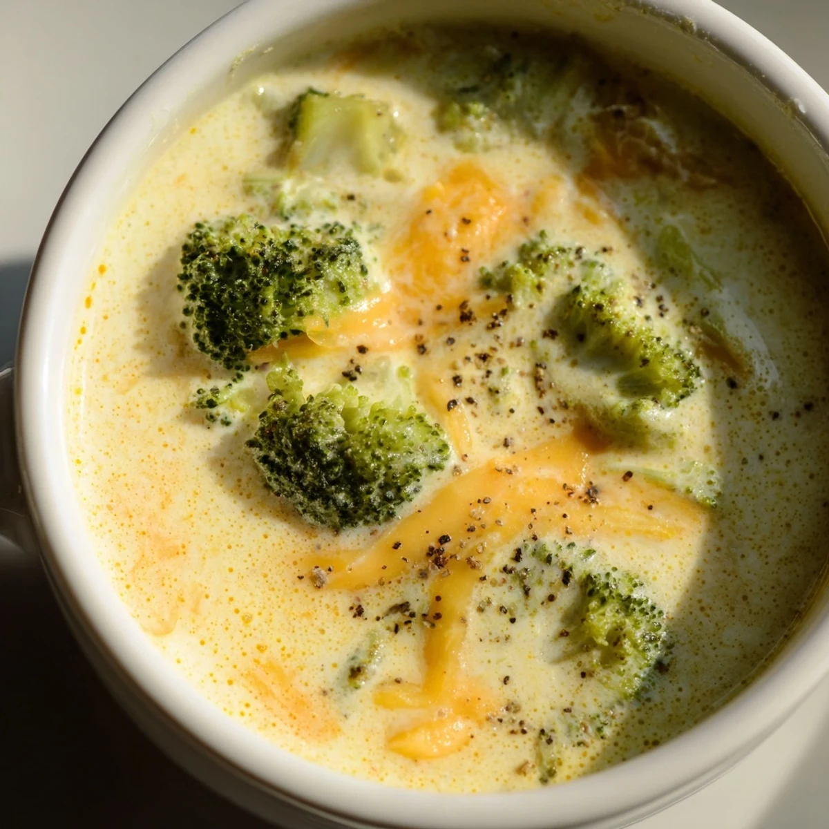 Steaming bowl of creamy broccoli cheddar soup, garnished with extra cheese, ready to eat.