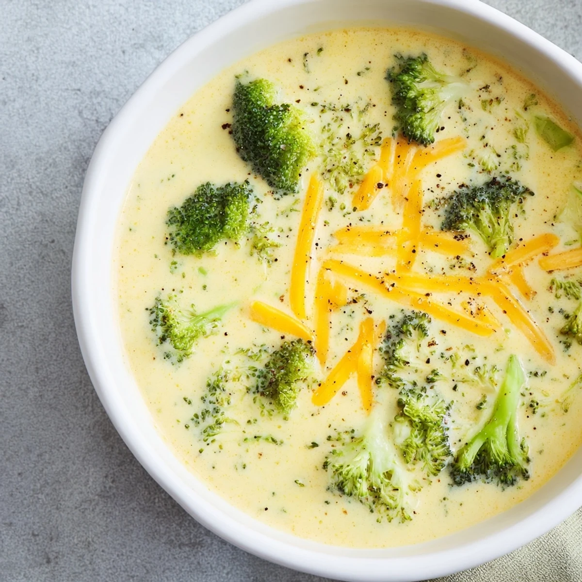 A close-up of thick, creamy broccoli cheddar soup, showing the texture and cheese melt.