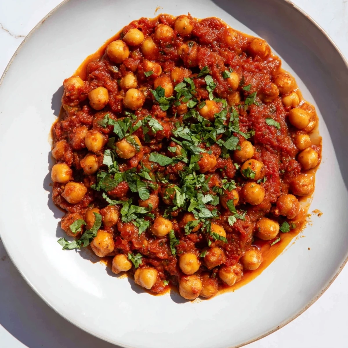 A steaming bowl of Spicy Chickpea Curry topped with fresh cilantro, ready to eat.