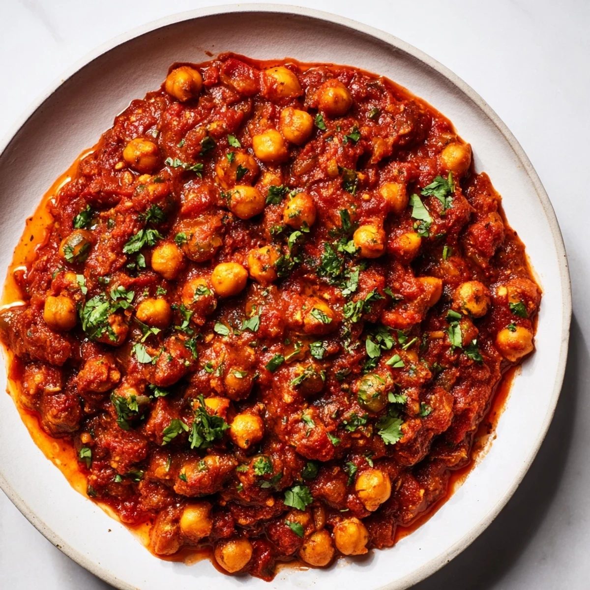 Close-up of a flavorful Spicy Chickpea Curry, inviting with tender chickpeas in tomato sauce.