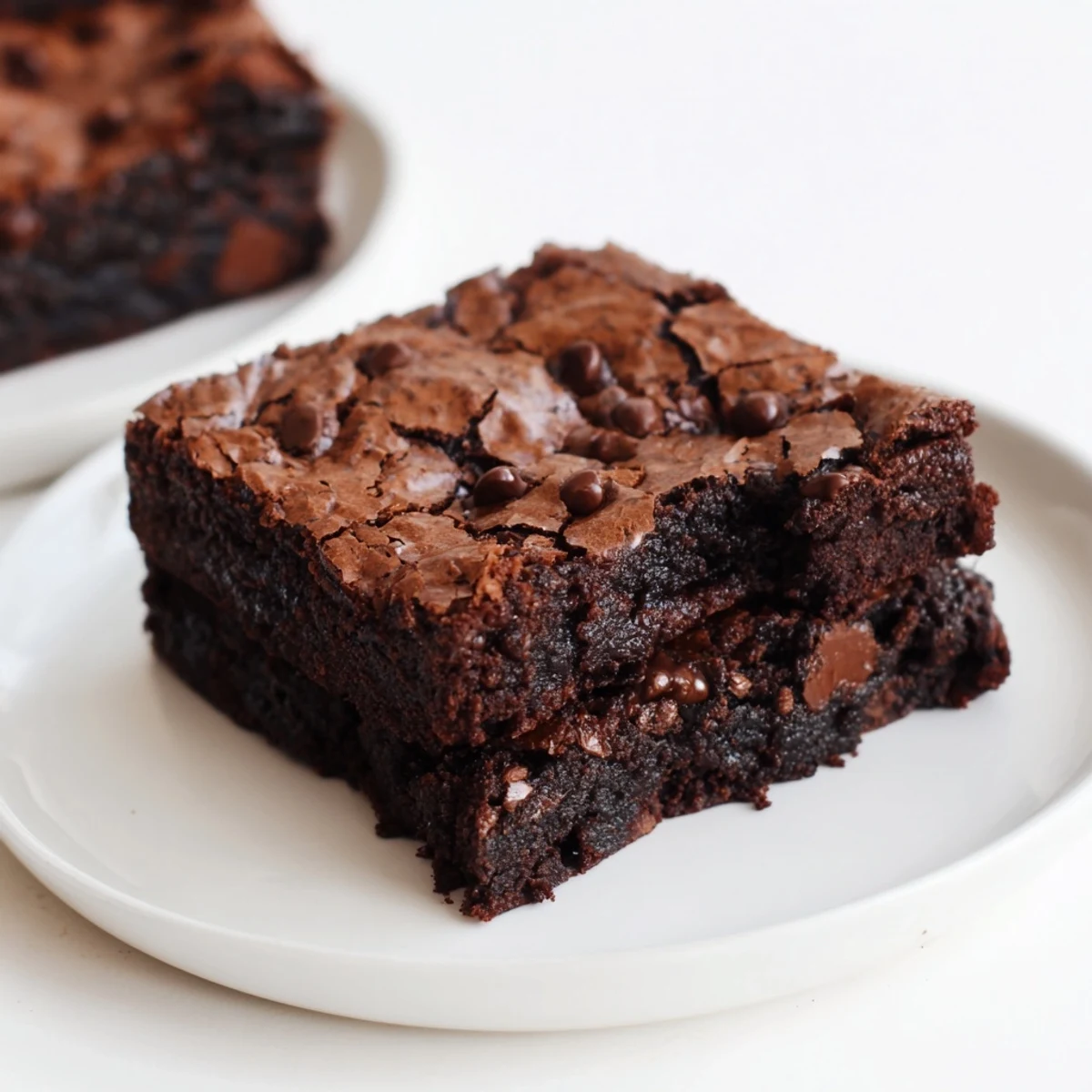 Warm, gooey Chocolate Fudge Brownies, with visible chocolate chips, make a chocolate lover's dream dessert.