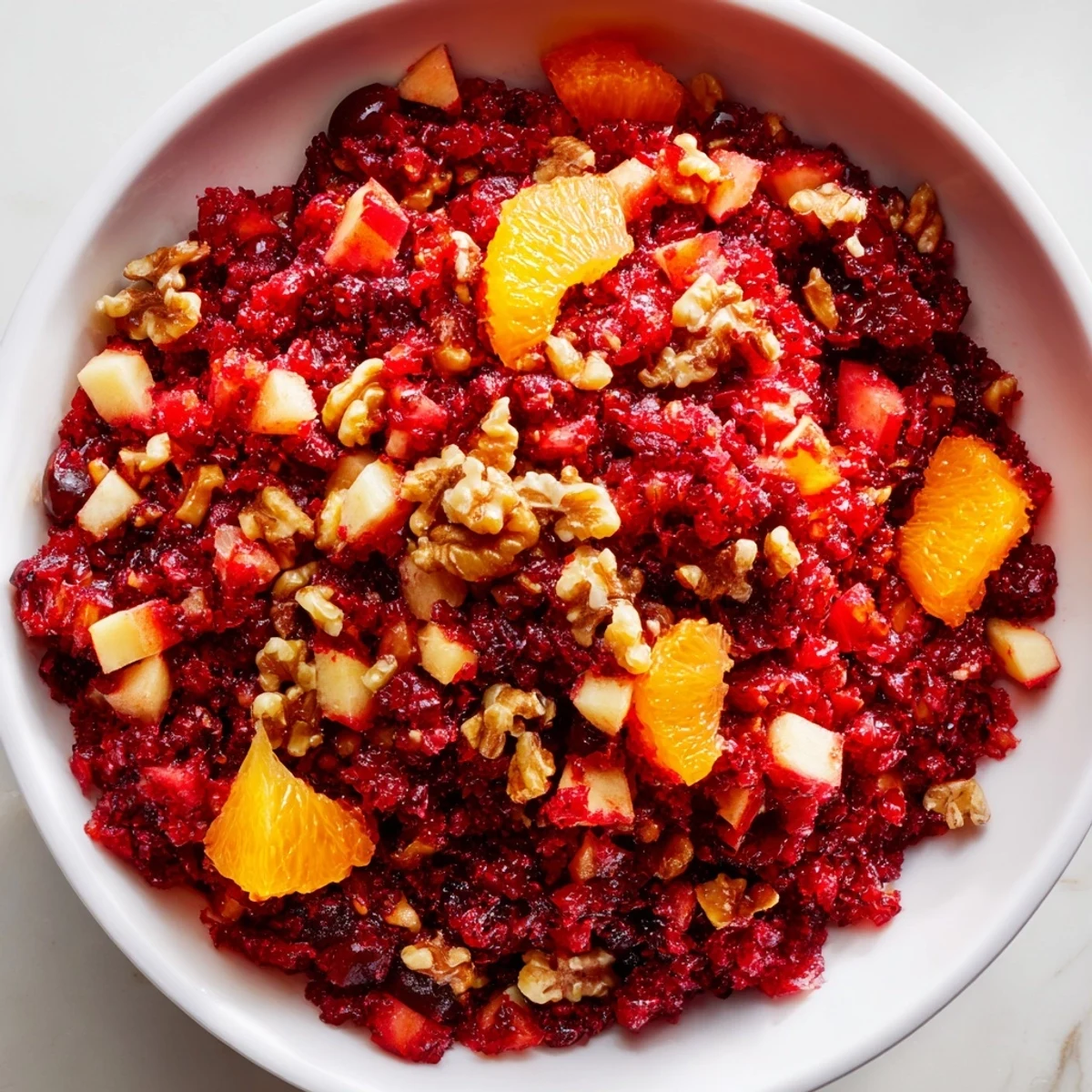 Tangy & sweet homemade Cranberry Orange Relish served in a clear bowl next to a festive spread.