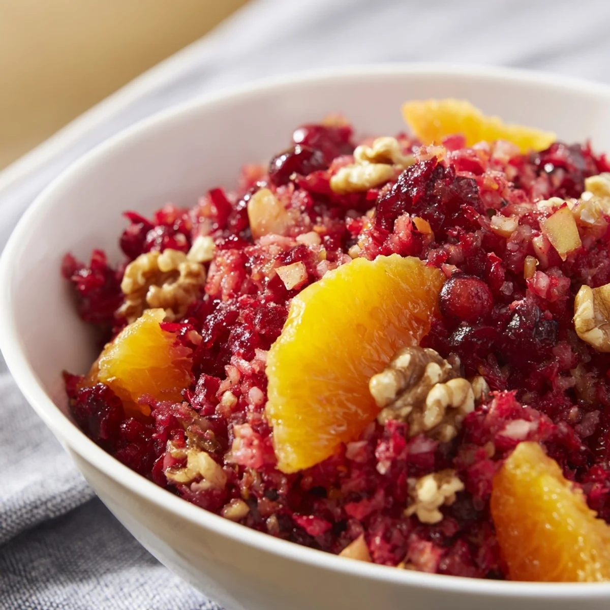 A beautiful close-up of Cranberry Orange Relish, vibrant and brimming with seasonal flavors, ideal for turkey.