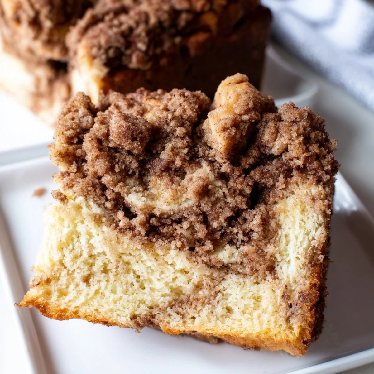 Warm cinnamon swirl coffee cake, golden brown from the oven, ready to serve with coffee.