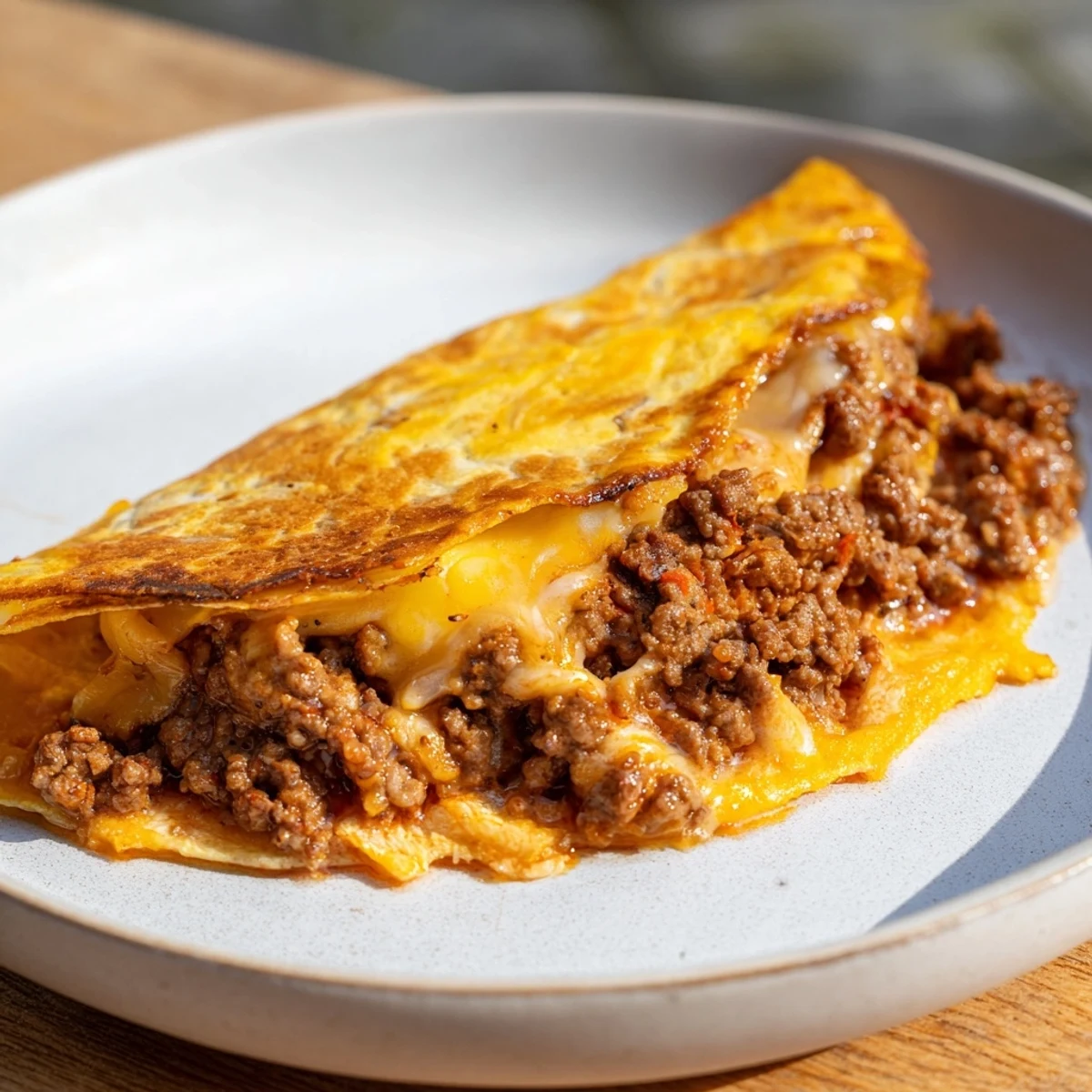 Golden-crisped Cheesy Beef Quesadillas, ready to slice, with a spicy beef and cheese filling.