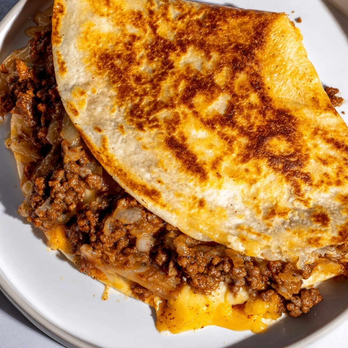Melted cheese spills over golden-brown Cheesy Beef Quesadillas, a savory Tex-Mex delight.