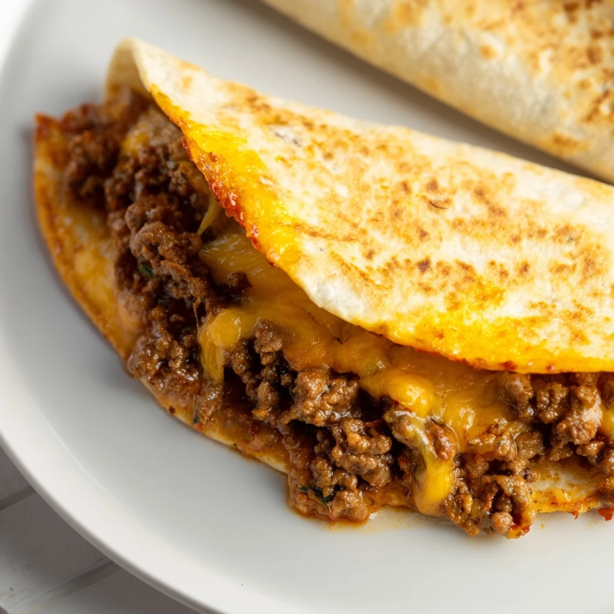 A close-up of piping hot Cheesy Beef Quesadillas, perfect with salsa and sour cream on the side.