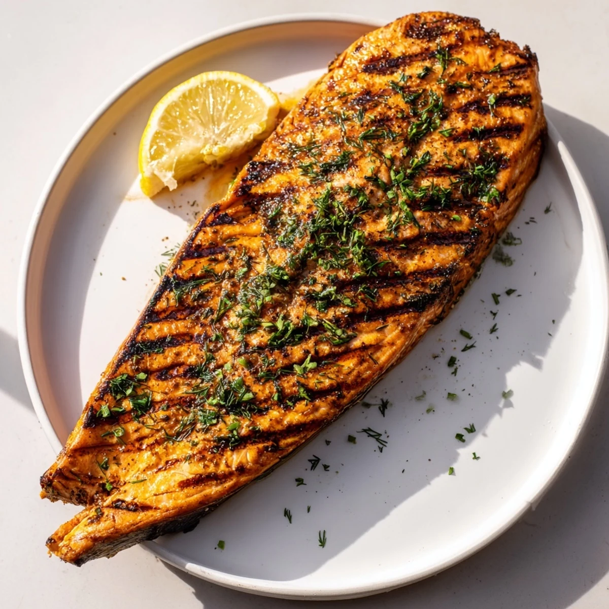 Golden-brown Lemon Herb Grilled Salmon, flaky and tender, served with bright lemon wedges.