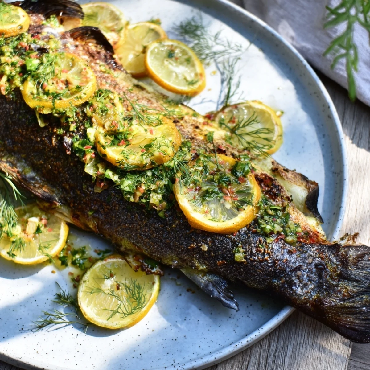 Golden-brown Baked Trout with lemon slices and fresh herbs, ready for a delicious dinner.