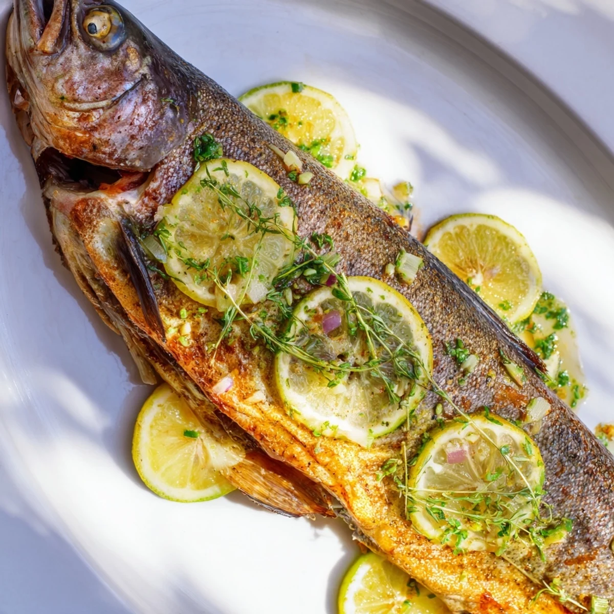 Flaky Baked Trout with lemon and herbs, presented on a baking sheet, ready to serve with lemon wedges.