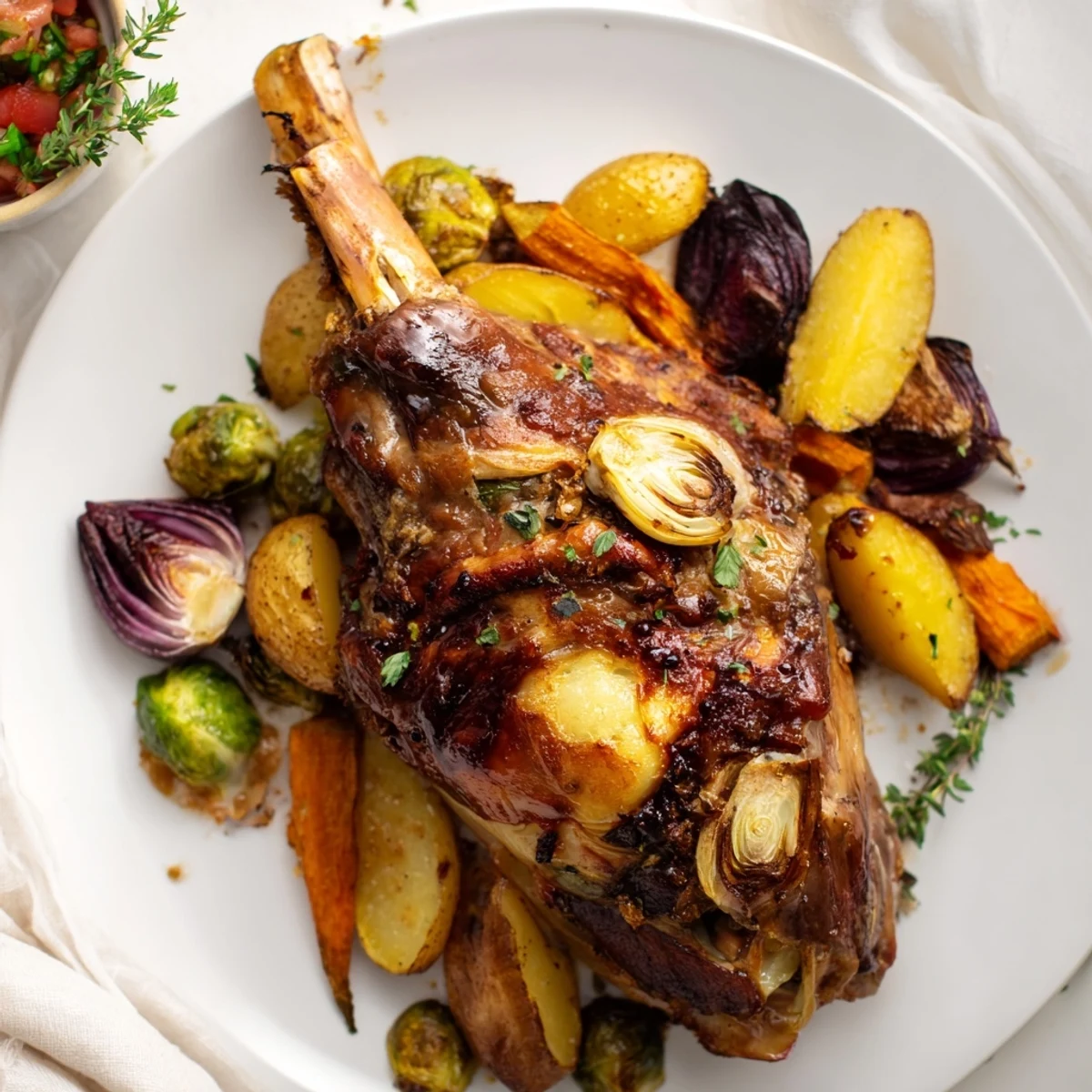 Sizzling roasted lamb, surrounded by golden root vegetables, perfect for a cozy dinner.