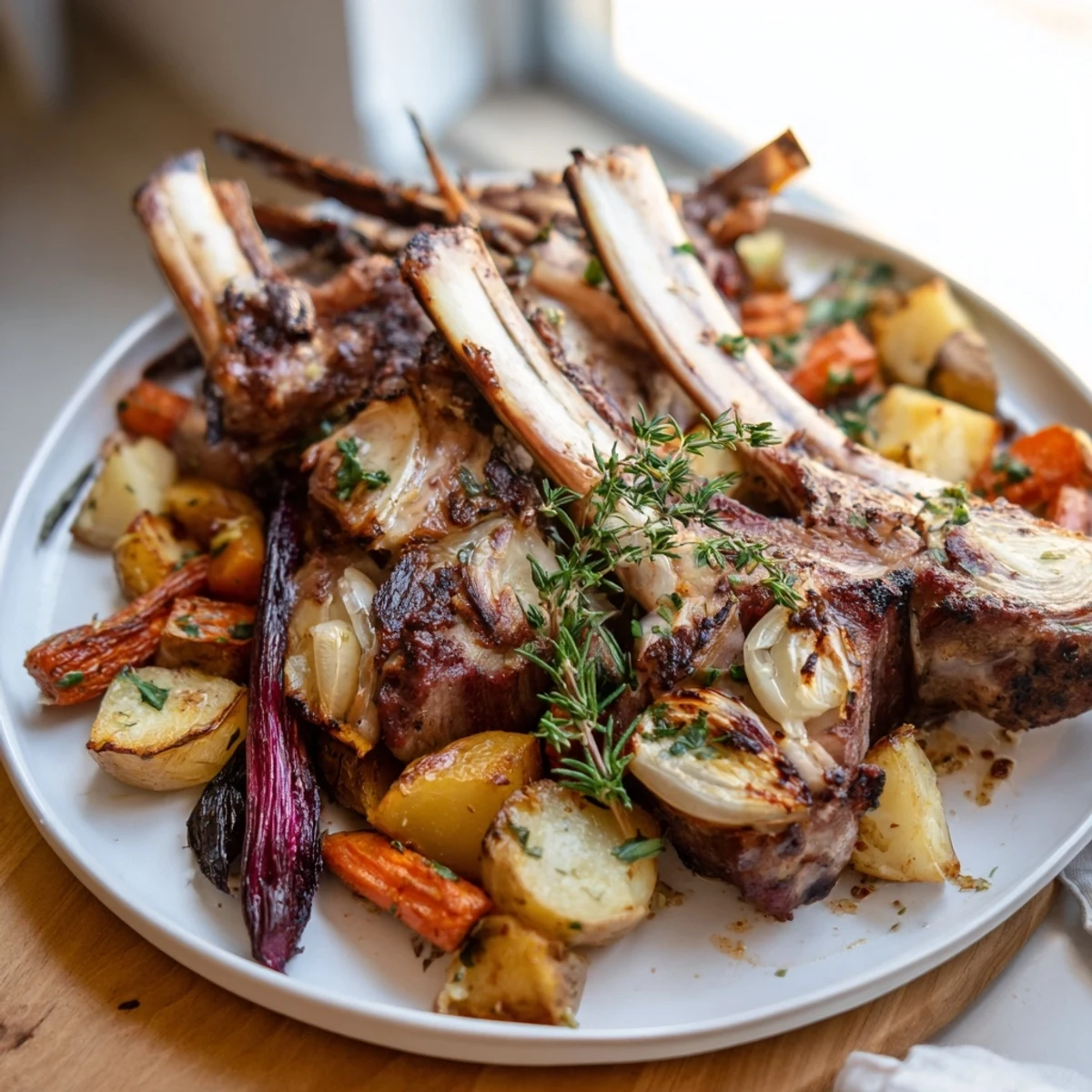 This photo features a juicy, perfectly roasted lamb with tender root vegetables, ready to eat.