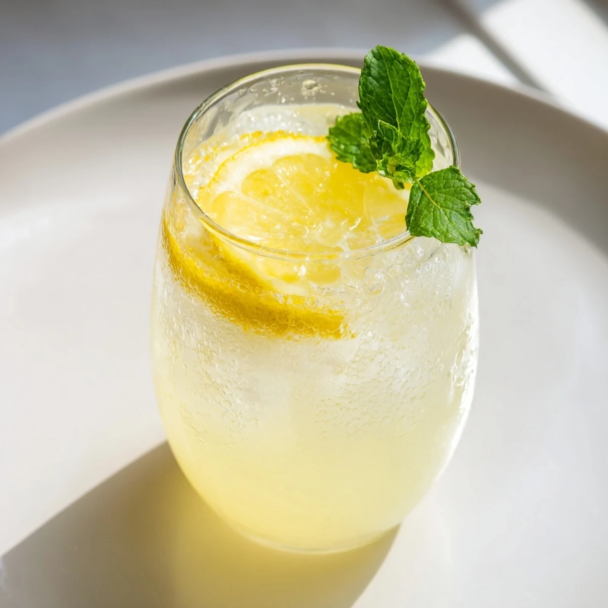 Close-up photo of a chilled Lemon Squeeze, showing floating ice cubes and glistening condensation on the glass.