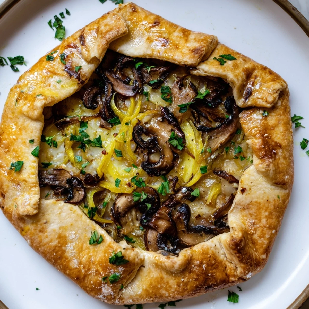 A golden-brown Savory Mushroom and Onion Galette with a flaky crust, ready to enjoy.