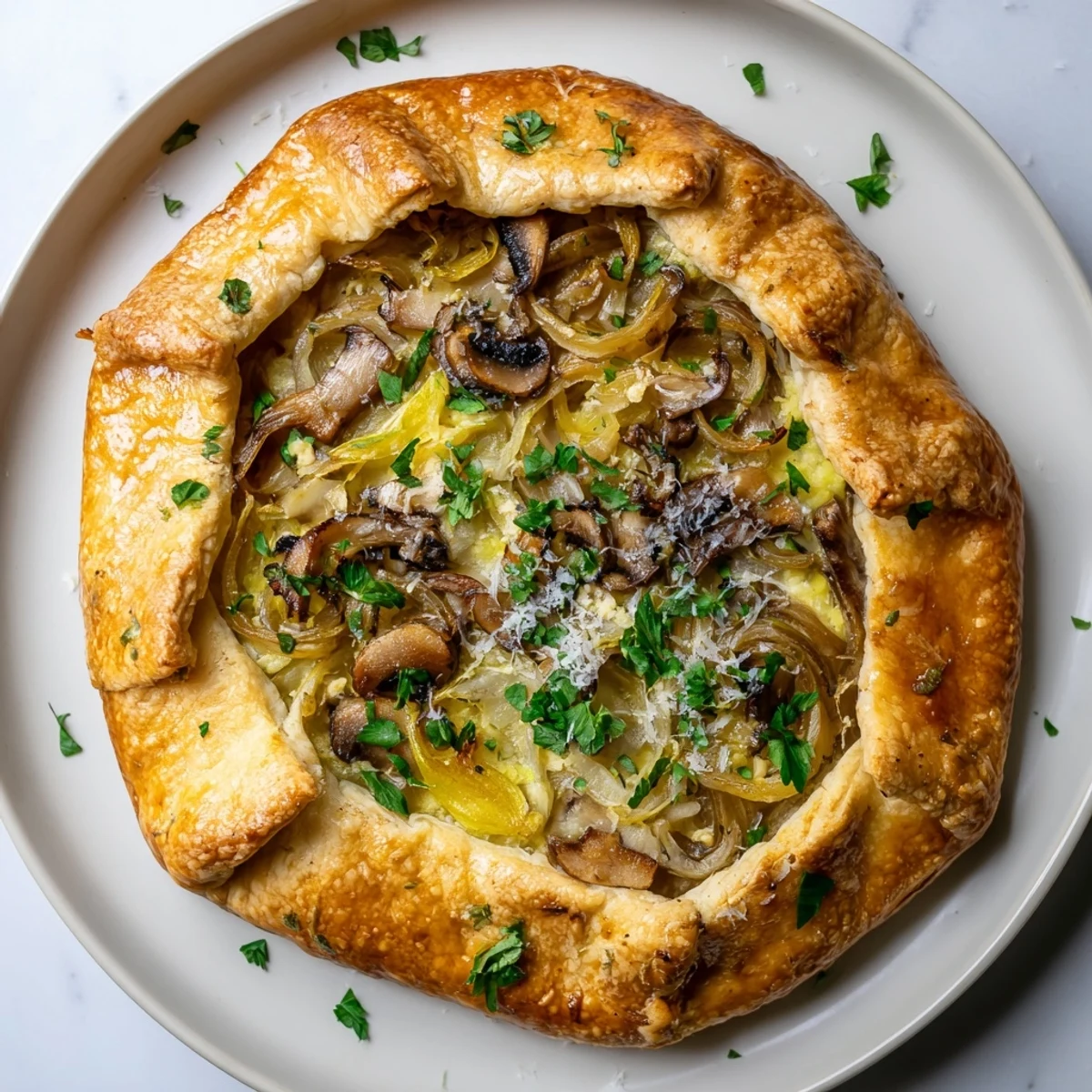 This rustic Savory Mushroom and Onion Galette features a savory filling with melted cheese.