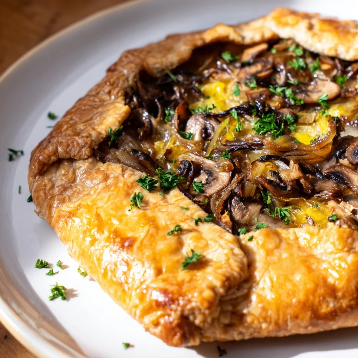 Enjoy a slice of warm Savory Mushroom and Onion Galette, with aromatic onions and mushrooms.