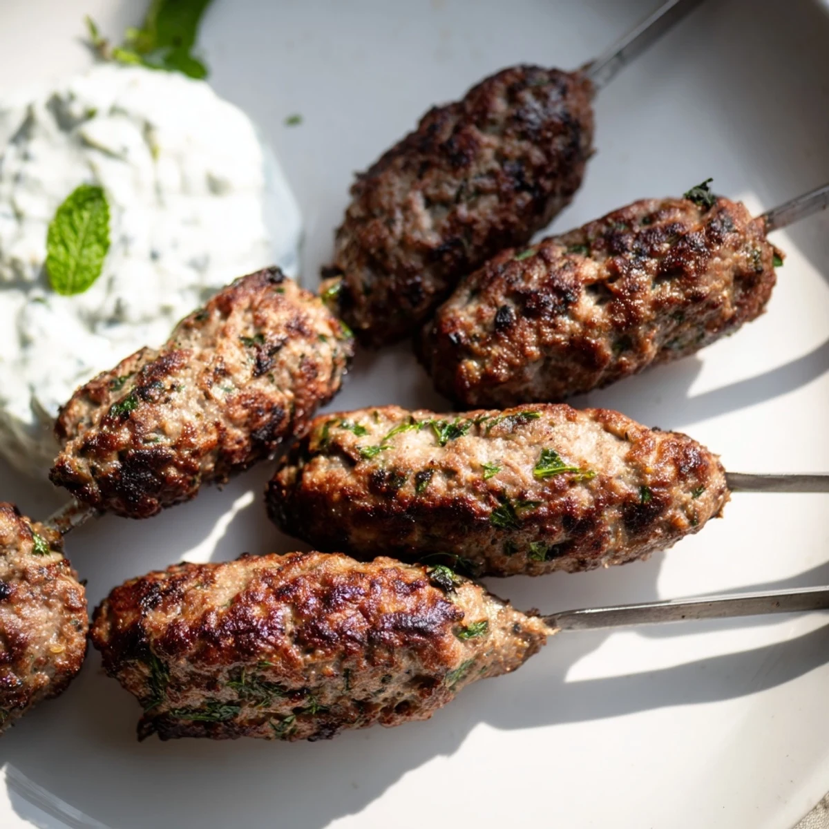 Grilled beef kofta kebabs, sizzling and juicy, ready to be paired with cool, creamy yogurt sauce.