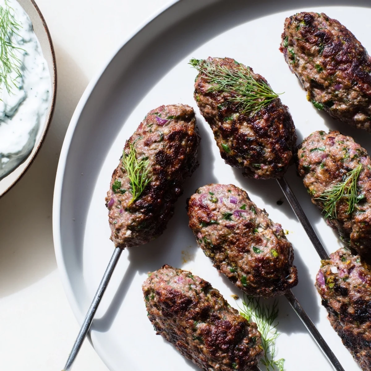 These savory beef kofta kebabs, seasoned beautifully, are served with a vibrant fresh herb yogurt sauce.