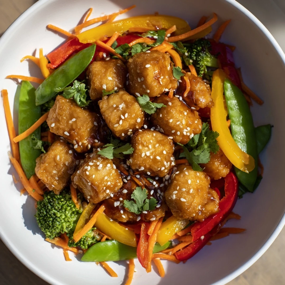 Golden, crispy tofu cubes shine in this delicious Crispy Tofu Stir Fry with colorful vegetables.