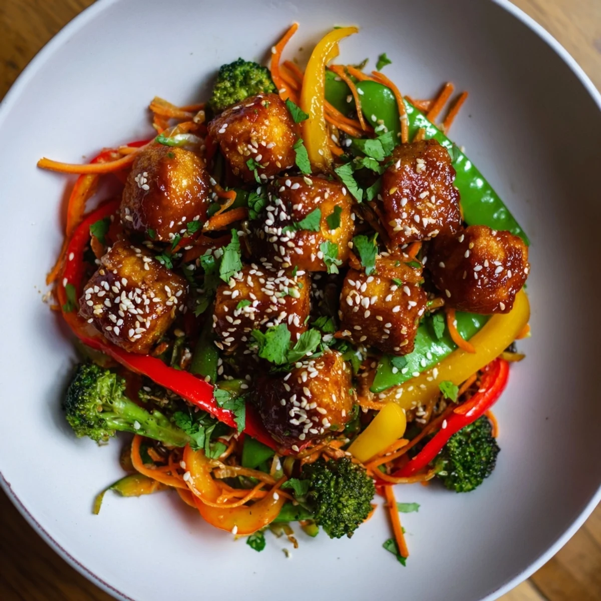 Steaming jasmine rice complements this mouthwatering Crispy Tofu Stir Fry, boasting savory sauce and vibrant veggies.