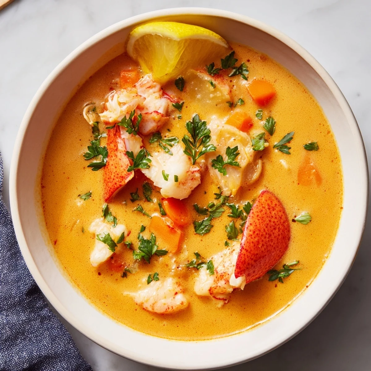 Rich and velvety, this lobster bisque features chunks of sweet lobster in a creamy broth.