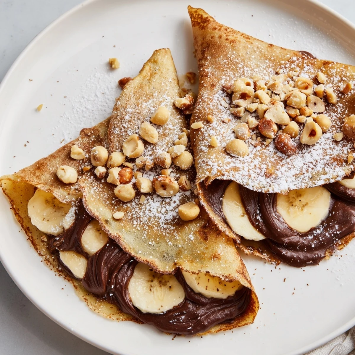 Golden chocolate hazelnut spread crepes, folded on a plate, ready to be enjoyed as dessert.