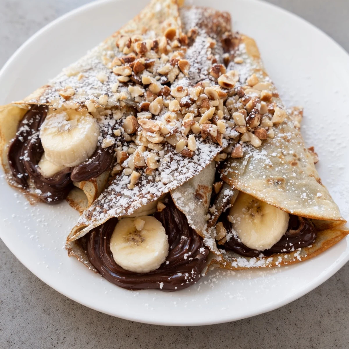 Tempting view: warm, chocolate hazelnut spread crepes dusted with powdered sugar, ready to savor.