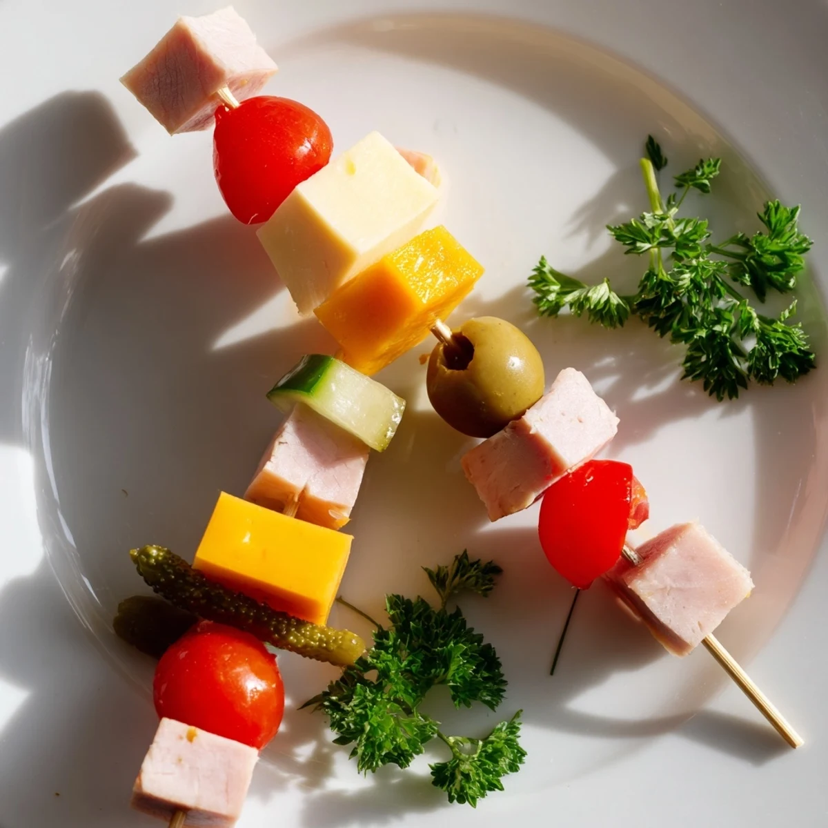 Fresh Savory Skewers, a delightful combination of ham, cheddar, and pickles, arranged on a platter.