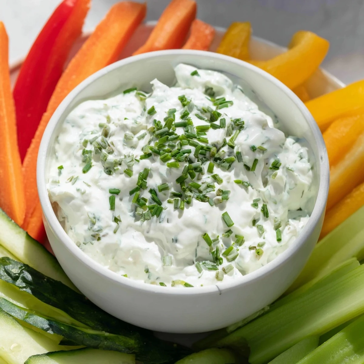 Vibrant photo of Kids Dip: Cream Cheese and Ranch Dip, surrounded by colorful, crunchy veggie sticks.
