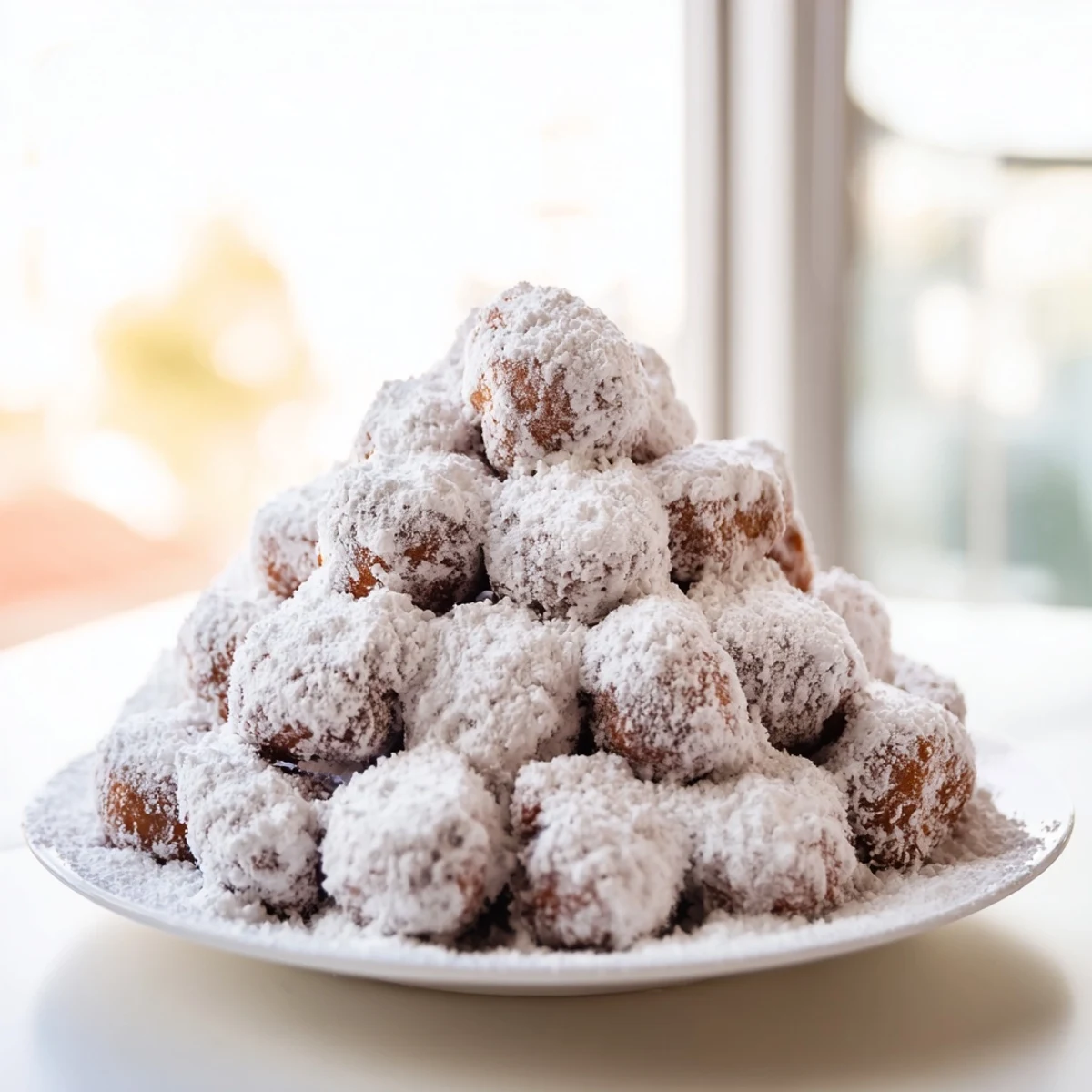 A fluffy, powdered donut holes mountain, a sweet dessert ready to be shared and devoured.
