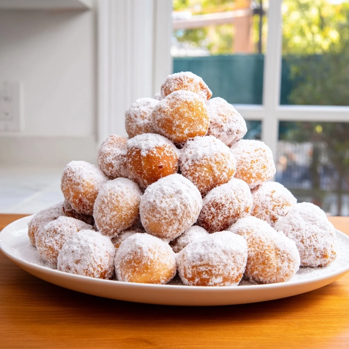 This beautiful shot shows a mountain of warm, powdered sugar-coated donut holes, perfect for dessert.
