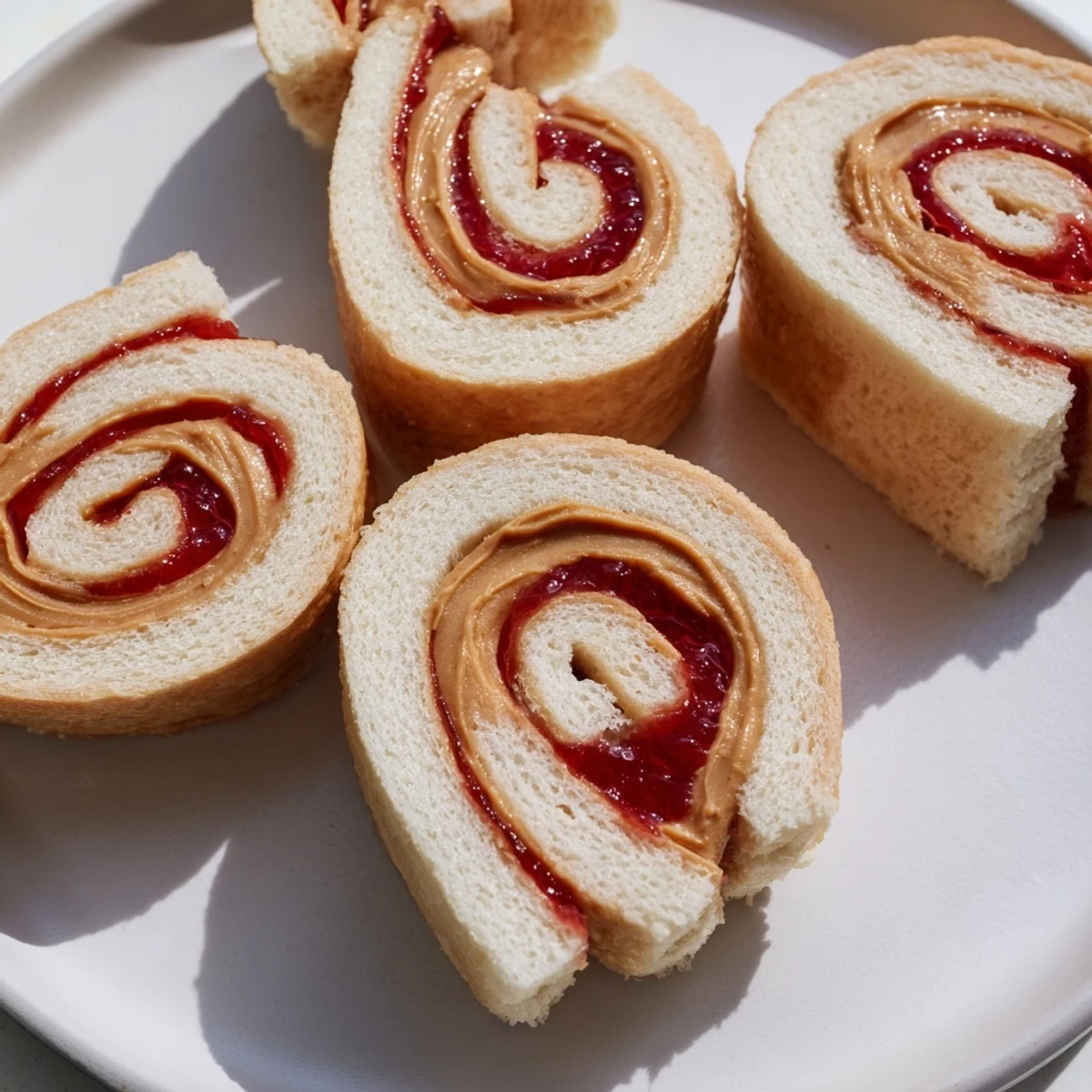 Close-up of quartered PB&J pinwheel rolls, showing swirled layers of peanut butter and jelly.