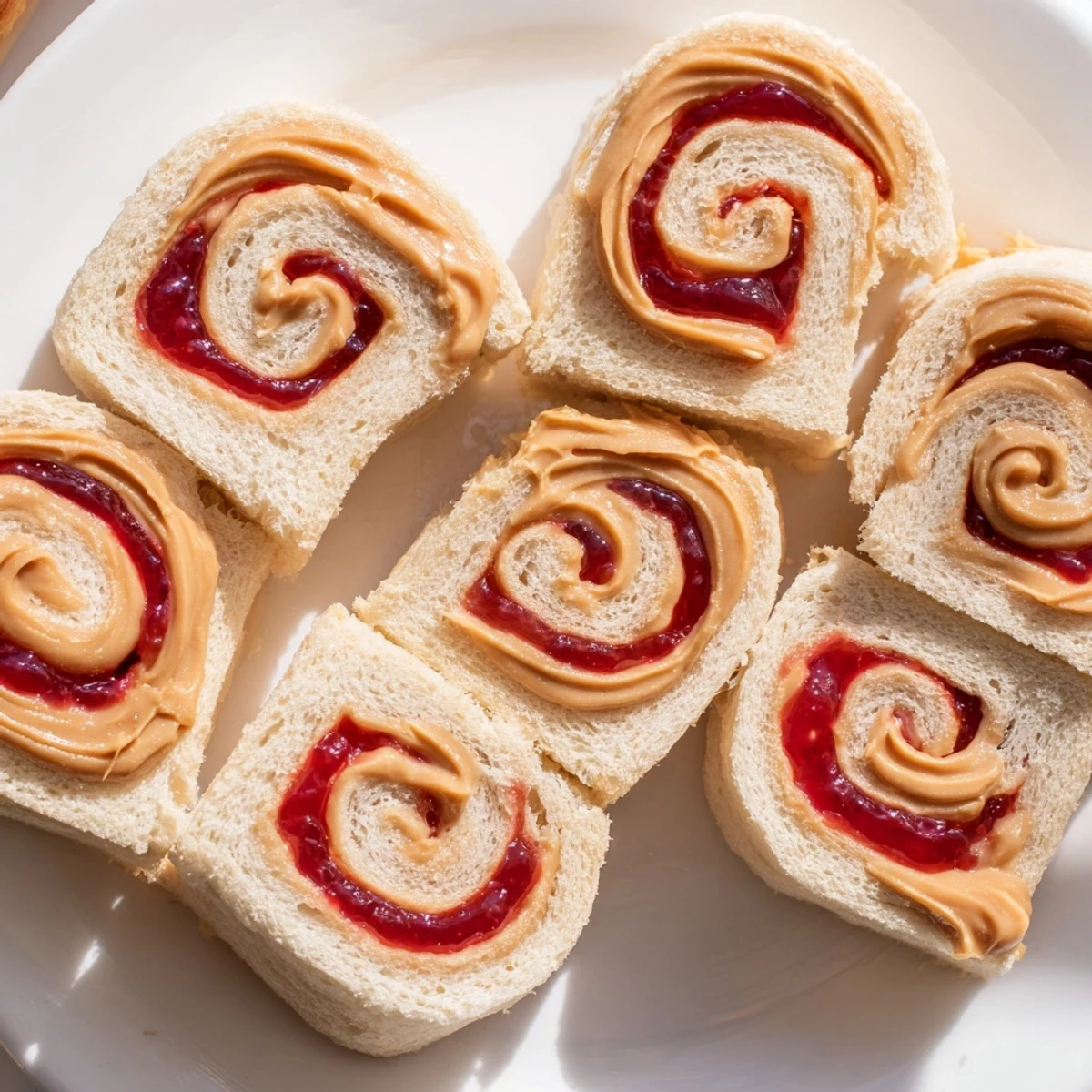 Easy-to-make PB&J pinwheel rolls, perfect for kids' lunches, arranged attractively on a plate.