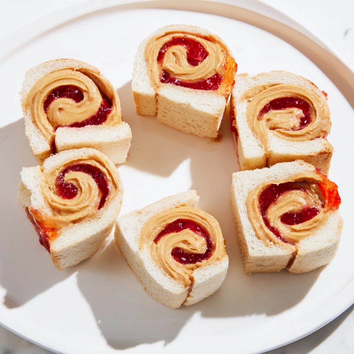 Freshly cut PB&J pinwheel rolls reveal a colorful display of peanut butter and jam swirls.