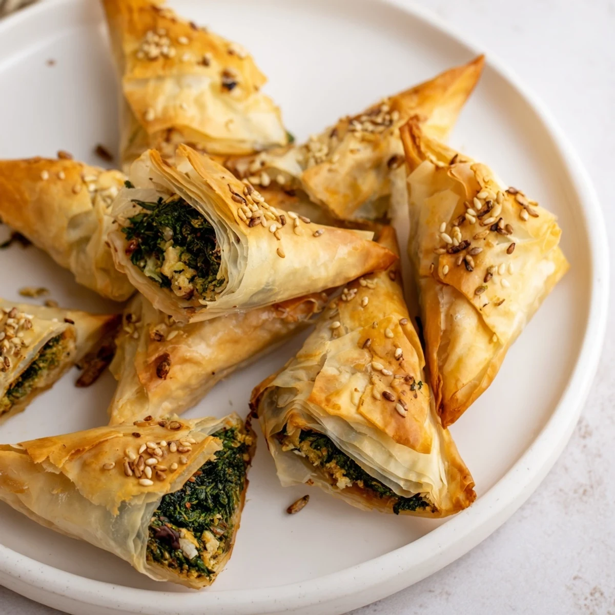 Crisp, triangular Mini Spanakopita Cluster appetizers offer the delightful taste of spinach and feta.