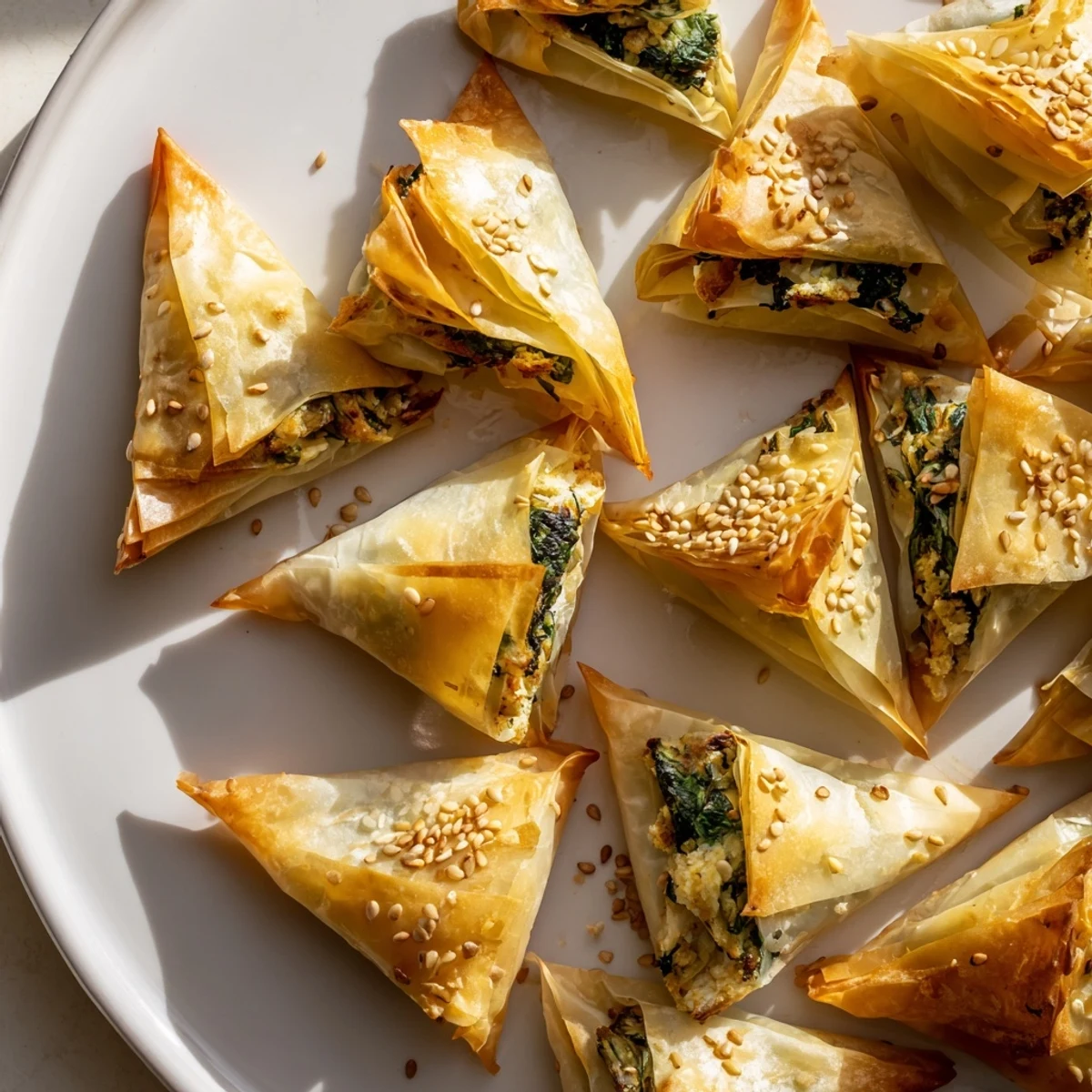 Golden, flaky Mini Spanakopita Triangle Cluster appetizer is piled up on a baking sheet, ready for the oven.