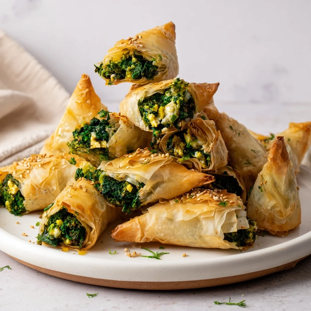 A close-up view shows the inviting, golden-brown Mini Spanakopita Triangle Cluster with sesame seeds.