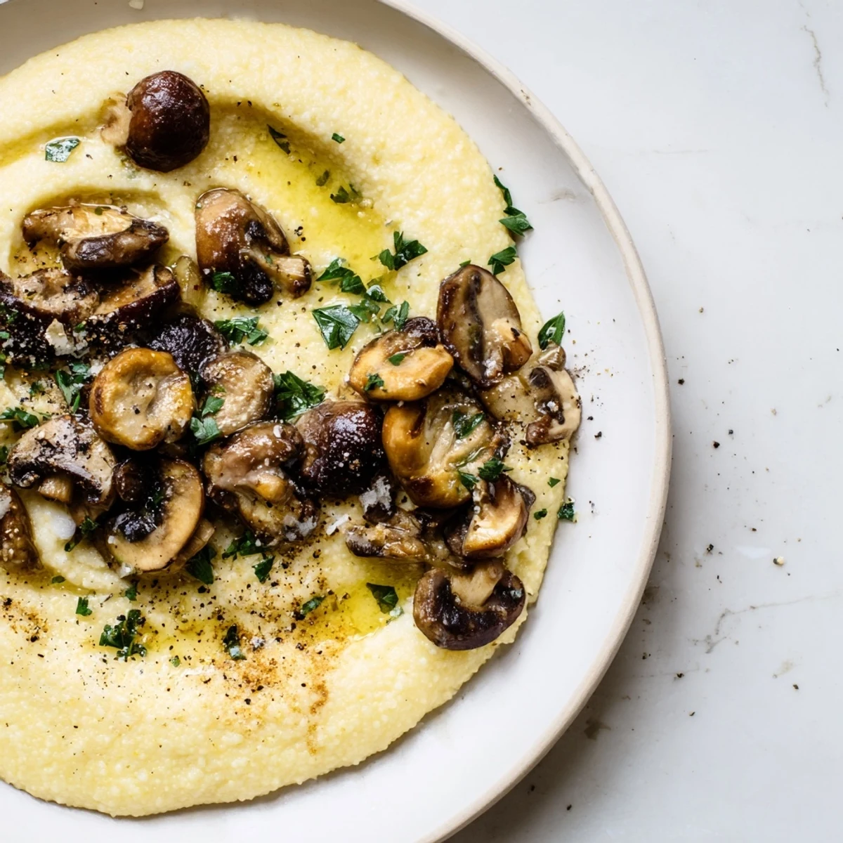 A close-up of the Creamy Polenta with Roasted Mushrooms; imagine the savory, earthy aroma.