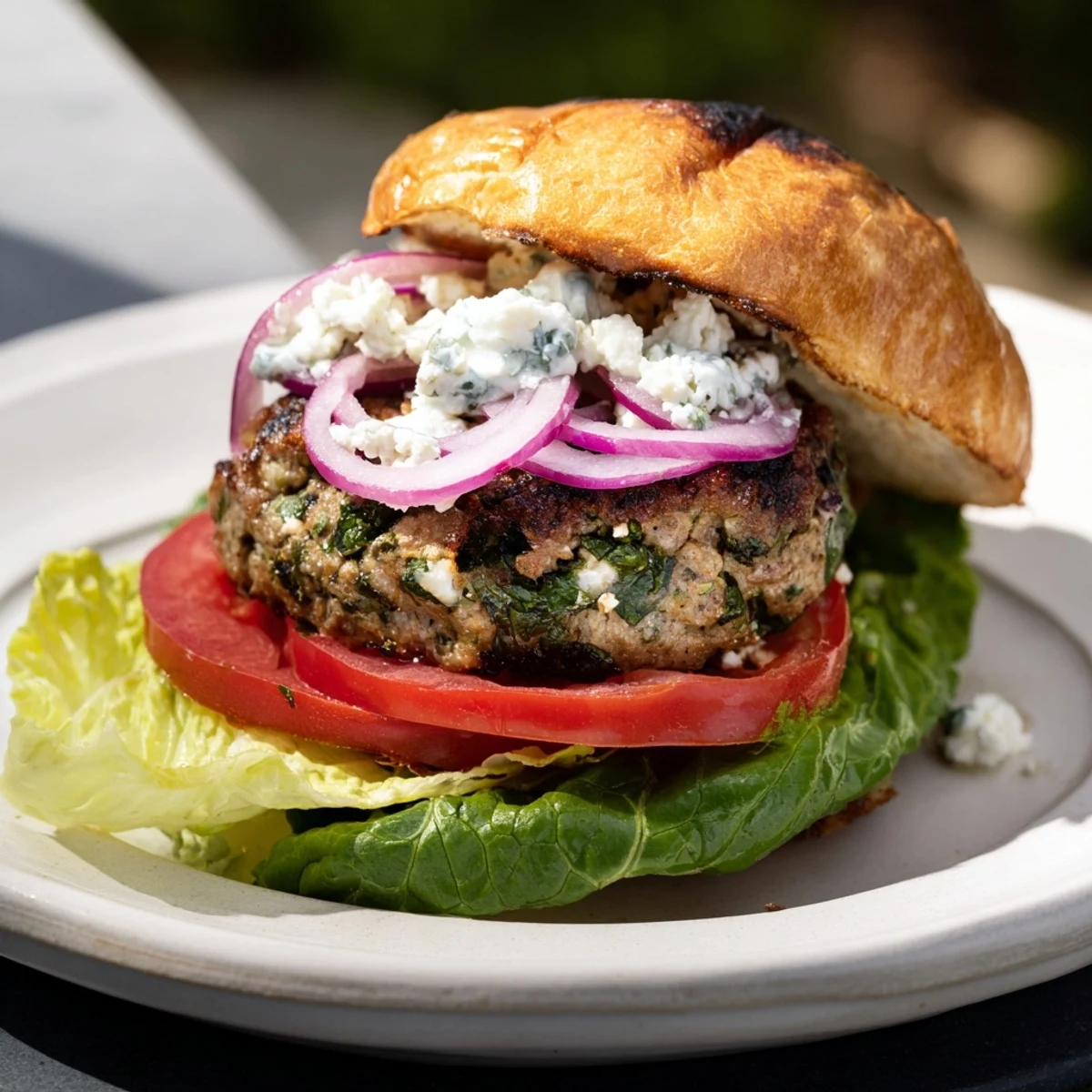 Juicy Savory Lamb Burgers with feta, grilled to perfection, ready to enjoy with fresh lettuce and tomato.